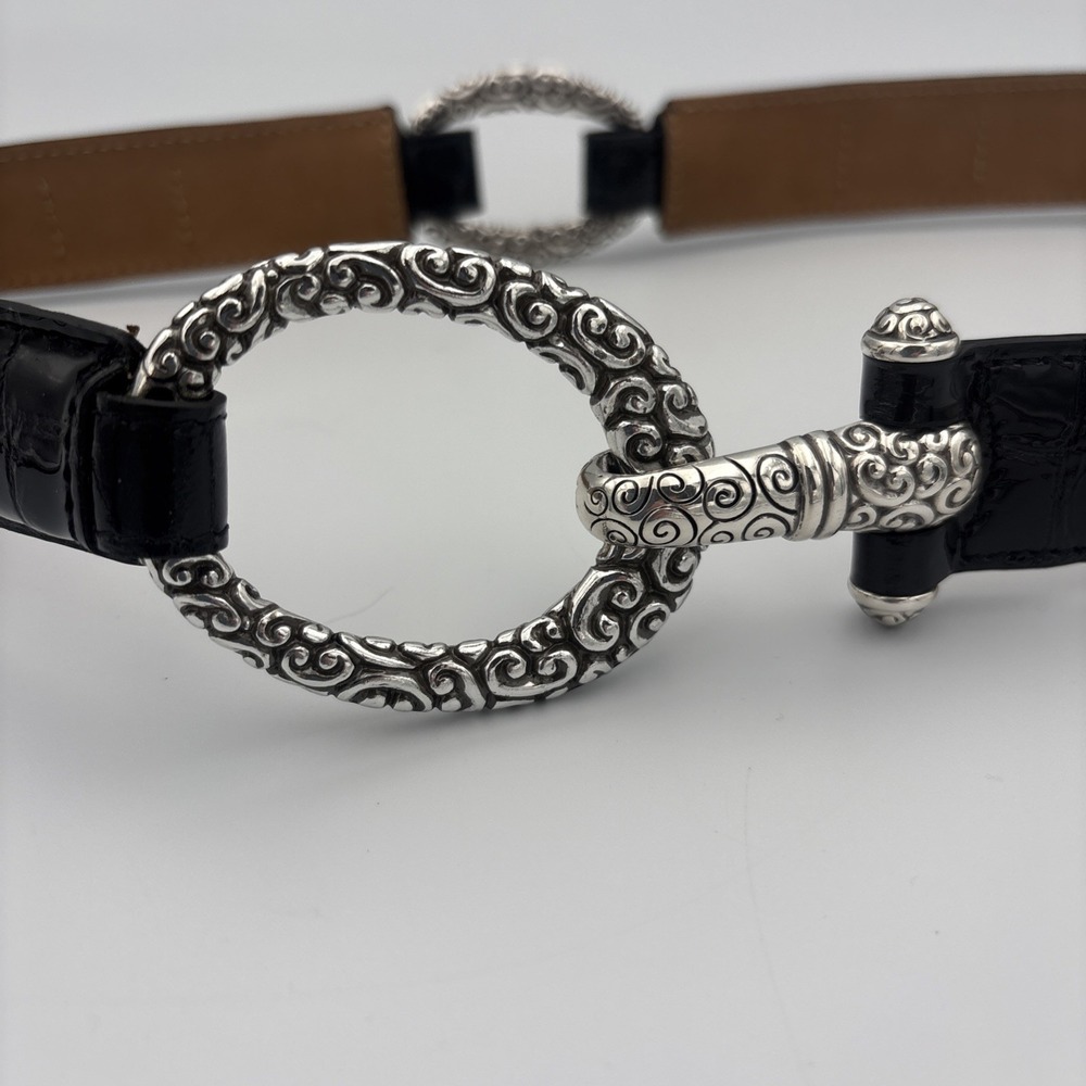 Brighton Black Patent Croc Embossed Leather Silver Engraved Buckle Sz 34 Stretch